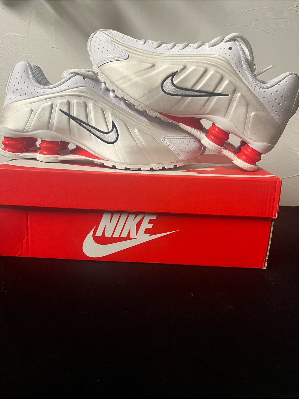Nike Kids White Sneakers with Red Shox and Black Swoosh